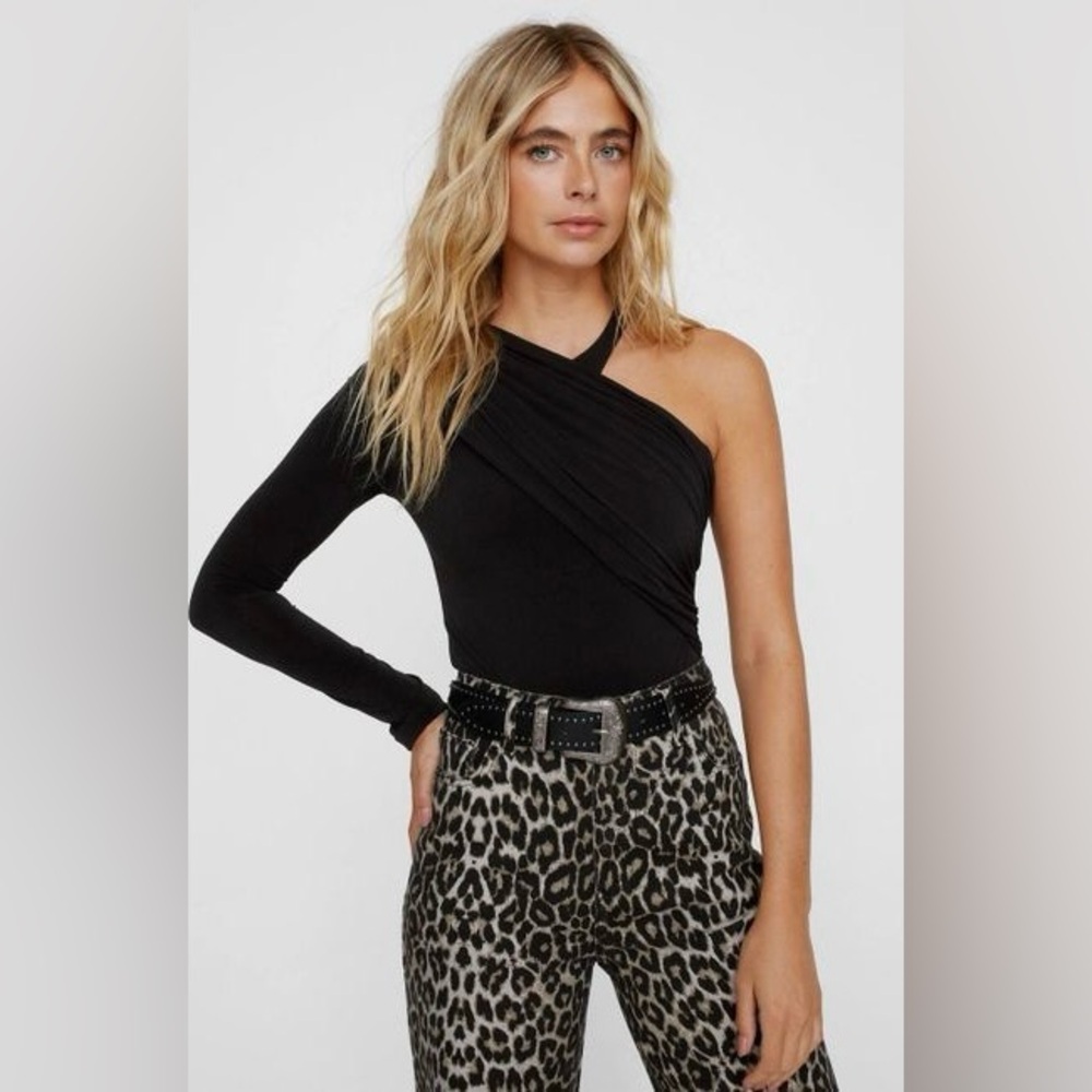 Nasty Gal Black One Shoulder Ruched Sleeve Bodysuit